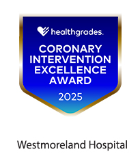 Coronary Intervention Excellence Award 2025, Healthgrades logo - Award badge for Westmoreland Hospital